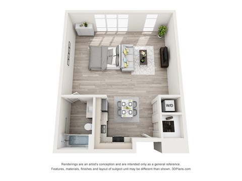 Floor plan for studio, 1 bath, 667 sqft